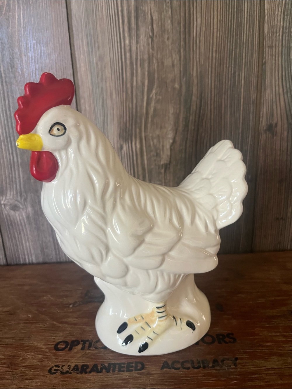 Vintage White Ceramic Hen Figurine with Red Comb and Yellow Beak